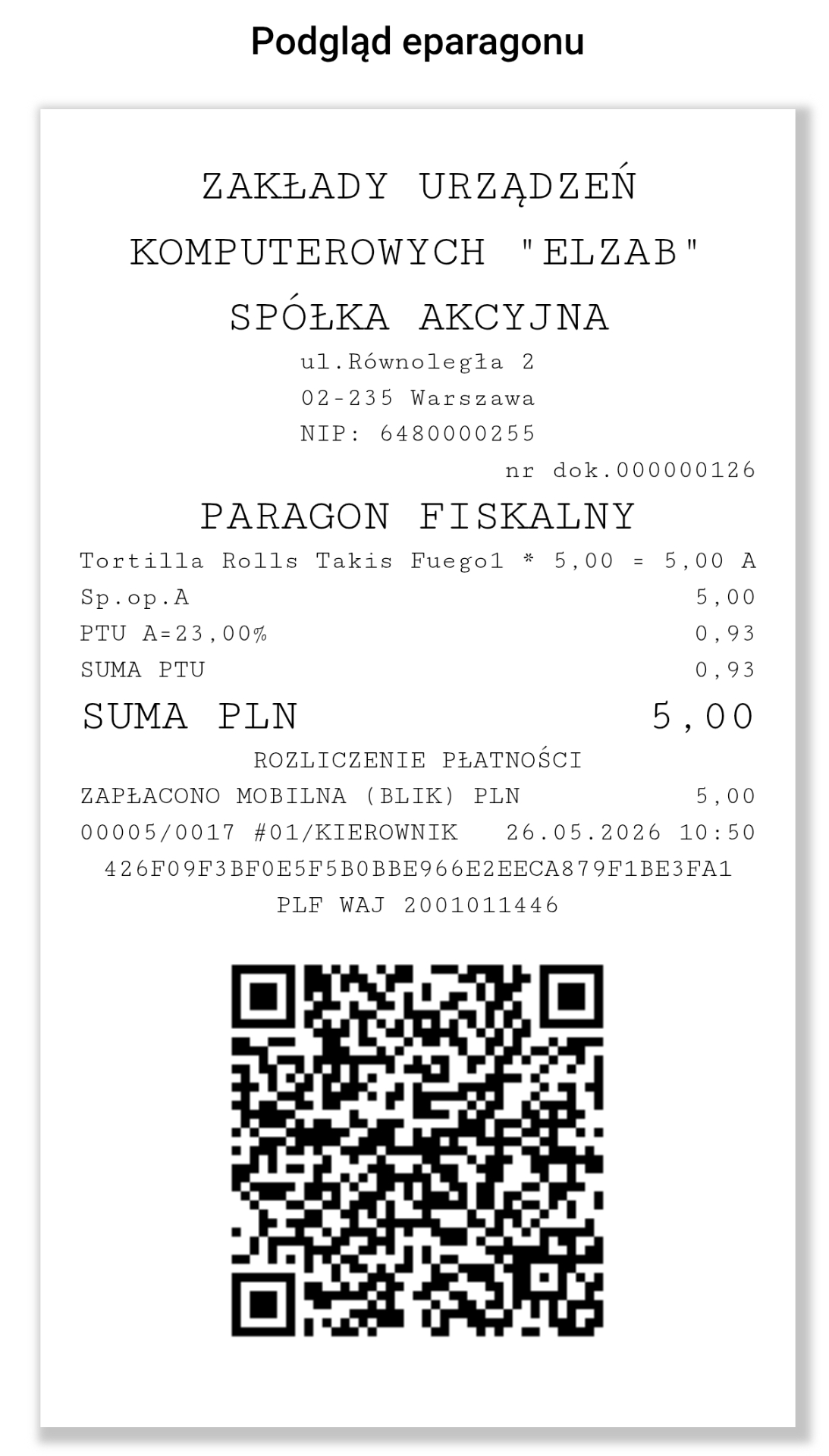 Podgląd e-paragonu fiskalnego z kasy ELZAB KW3